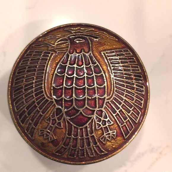 Vintage Interpur Brass Enamel Red Fire Bird Round Lidded Trinket Storage Box - Picture 1 of 8